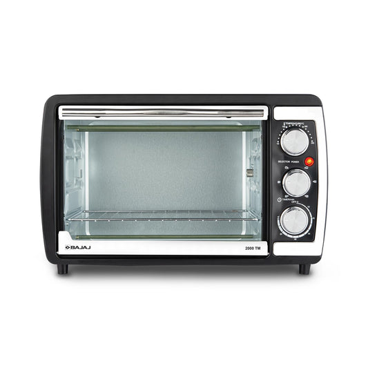 Bajaj 2000TM 20Ltr Oven Toaster Griller (20L OTG) | 1400 Watts Oven For Kitchen | Grilling, Baking, Toasting & Rotisserie | Transparent Glass Door | Temperature & Timer Control | 2 Yr Warranty 【Black】