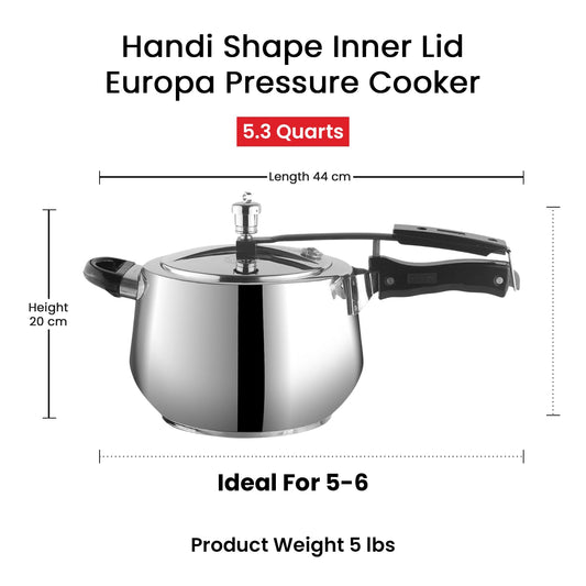 Vinod Europa Stainless Steel Inner Lid Pressure Cooker - 5 Litre | Handi Shape | Sandwich Bottom Cooker | Induction and Gas Base | ISI and CE certified - 2 Years Warranty