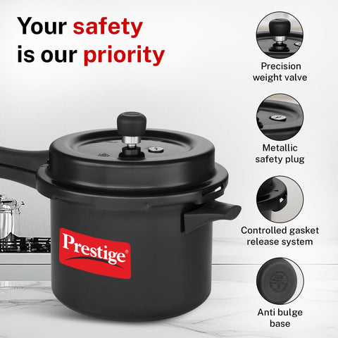 Prestige 5 Litre Hard Anodised Popular Svachh Outerlid Pressure Cooker|Deep Lid for spillage Control|Gas compatible|Gasket Release System|Metallic Safety Plug|5 years warranty|ISI Certified