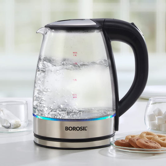 Borosil 1.8L Electric Glass Kettle | Made in India Borosilicate Glass Body with Blue Backlight | Auto Cut-Off, 360° Base, Spout Filter | Fast Boil | Cord Winder | 1 Year Warranty