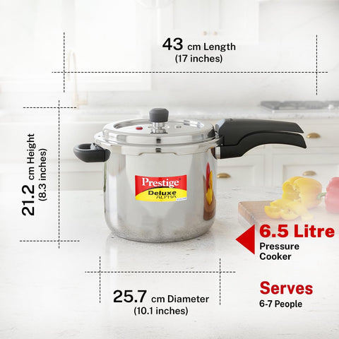 Prestige 6.5 Litre Stainless Steel Deluxe Alpha Svachh Outer Lid Pressure Cooker | 10Y Warranty | Deep Lid for Spillage Control | TRIPLY Base | Gasket Release System | Gas & Induction Compatible | ISI