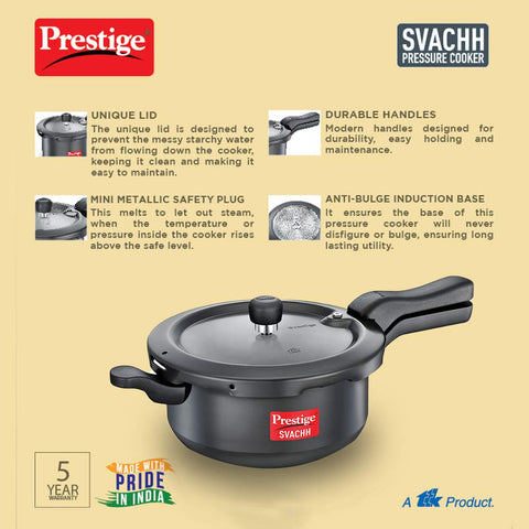 Prestige Svachh 3.5 Litre Outer Lid Pressure Cooker With Hard Anodized Body (Black), 3.5 Liter