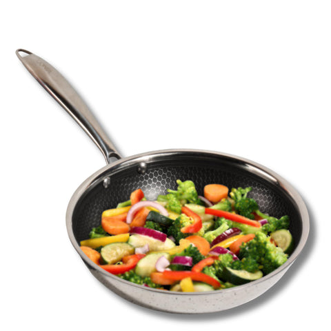 Vinod SAS Pro Platinum Triply Stainless Steel Hybrid Non Stick Frypan - 24 cm | Etched Hexa Design Stick-Resistant Surface | Healthy Cooking | Metal Spatula Safe | Induction & Gas Base | Toxin Free