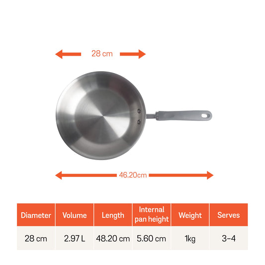 Meyer Trivantage Nickel Free Stainless Steel Triply Frypan | Steel Pan for Cooking | Fry pan Tri ply with Heavy Bottom | Gas and Induction Base, 28cm/ 2.97 Litre, Silver