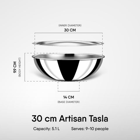 Stahl Artisan Triply Stainless Steel Tasla with Lid, Kadai Induction Base, Kadhai Without Handle Induction & Gas Stove Compatible, 5.1 L, 30 cm
