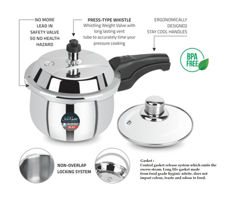 CDM Solitaire Celebration Combo Try-Ply Belly 1.5,3 & 5 Ltr. Pressure Cooker Stainless Steel Outer Lid with Extra 3 Glass Lid, Induction and Gas Base, ISI Certified, 5 Years Warranty