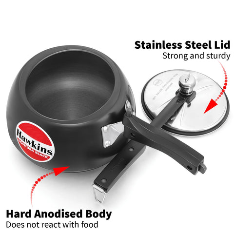 Hawkins 2 Litre Contura Black Pressure Cooker, Hard Anodised Inner Lid Cooker, Handi Cooker, Black (CB20)