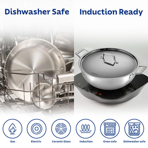 Tramontina AEION 36cm/10.9L Triply Stainless Steel Deep Kadai with Lid | Stir-Fry/Deep-Fry Cookware with Measurement Scale | Kadhai for Curry | Gas/Induction Compatible | 10 Yr Warranty*