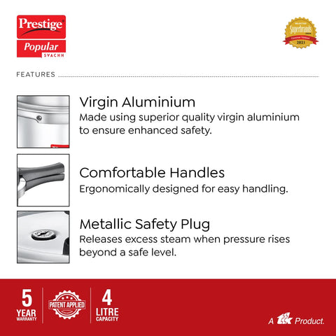 Prestige 4 Litre Aluminium Popular Svachh Outerlid Pressure Cooker|Deep Lid for spillage Control|Virgin Aluminium|Gas Compatible|Controlled Gasket Release System|5 years warranty|ISI Certified