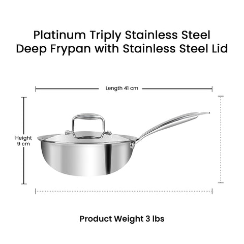 Vinod Platinum Triply Stainless Steel Deep Frying Pan with Lid - 2.5 L, 22 cm | 2.5 mm Thick Tri ply Cookware | Heavy-Bottom Frypan for Healthy, Low-Oil Cooking | Induction and Gas Compatible