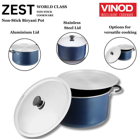 Vinod Zest Non Stick Dum Biryani Pot - 14 Litre, 32 cm | 4 mm Extra Thick | 3 Layer Coating | Metal Spoon Friendly | Bakelite Handle | Gas Base | 1 Year Warranty - Blue