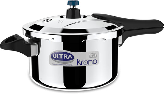 Ultra Triply Krono Pressure Cooker 5.5 Litre | Whistle Counter | Spillage Control | AISI 304 Food Grade Stainless Steel Cooker | 5 Years Warranty | 1.2 MM Lid Thickness | Induction Compatible