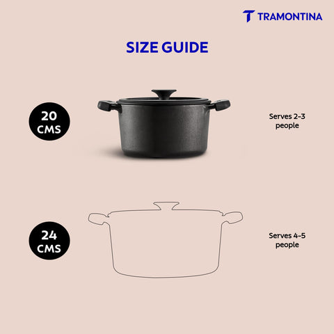 Tramontina TITANEX 20cm / 3.1L Pre-Seasoned Heritage Cast Iron Casserole with Toughened Glass Lid | Gas/Induction Compatible Biryani Pot | Stock Pot with Snap-On Silicone Grips | Life-Time Warranty