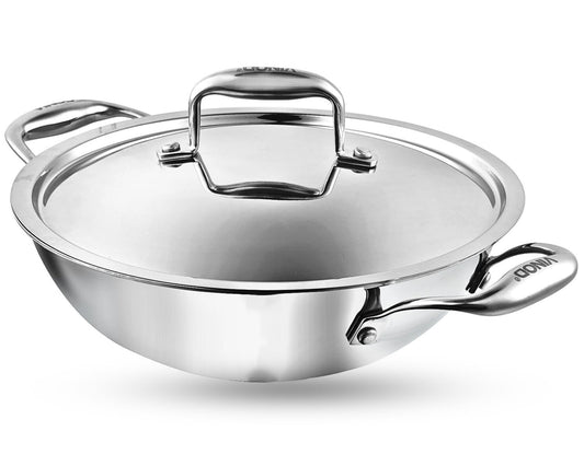 Vinod Platinum Triply Stainless Steel Kadai with Lid - 32 cm | Even Heating No Hotspot, Less Oil Healthy Cooking, Heavy Bottom Induction Cookware Kadhai for Cooking & Frying