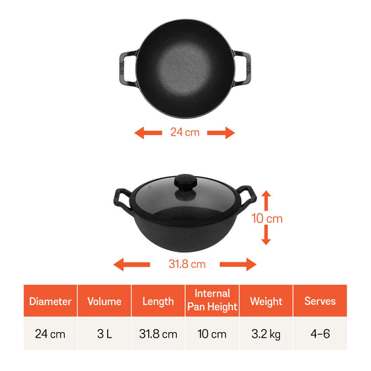 Meyer Pre Seasoned Cast Iron Kadai|Iron Kadhai with Lid for Cooking and Deep Frying | Heavy Base Iron Kadai Small Size | Gas Stove and Induction Friendly 24cm/ 3 Liters, Black