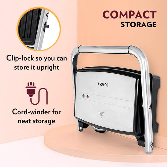 Borosil 1500W Jumbo Grill Sandwich Maker | Can Make 2 Jumbo Sandwich At a Time | Oil Drip Tray Collector | Non-Stick Coating Plates Opens to 180°, BPA & PTFE Free | Power Indicators | 2 Year Warranty