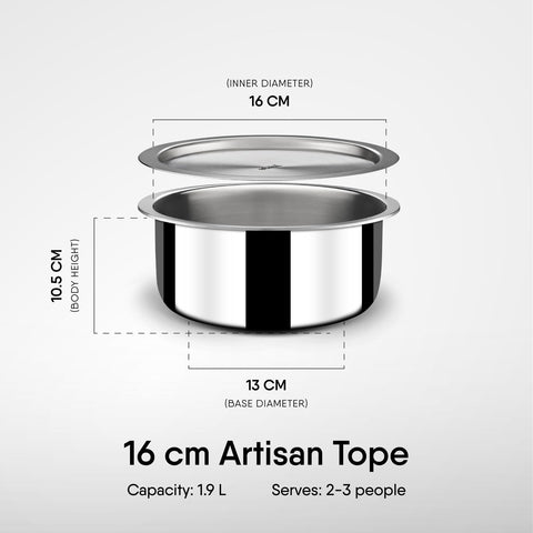Stahl Triply Stainless Steel Tope with Lid I Stainless Steel Patila I Induction Base Tri Ply Tope 1.4 Litre I Artisan 4516, Dia 16 cm