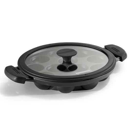 TRAMONTINA Titanex 26 cm Pre-Seasoned Cast Iron Paniyaram/Appe Pan – 12 Pits | Non-Toxic | Induction Ready | Toughned Glass Lid | Snap-on Cool Touch Grips | Superior Heat Retention.