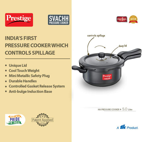 Prestige Svachh, 20278, 5 L, Sr. Pressure Pan, With Deep Lid For Spillage Control, Outer Lid, Aluminium, Black, 5 Liter