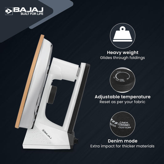 Bajaj DX 16 Heavy Weight Dry Iron | 1100 W Heavy Weight Dry Iron | Duraglide Soleplate | 360 Degree Swivel Cord | Cool Touch Handle | 2-Yrs Warranty 【White & Black】