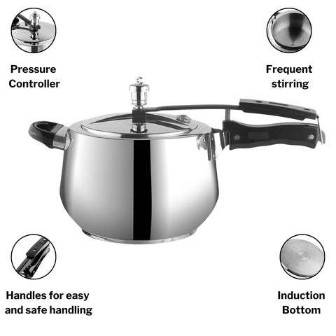 Vinod Europa Stainless Steel Inner Lid Pressure Cooker - 5 Litre | Handi Shape | Sandwich Bottom Cooker | Induction and Gas Base | ISI and CE certified - 2 Years Warranty