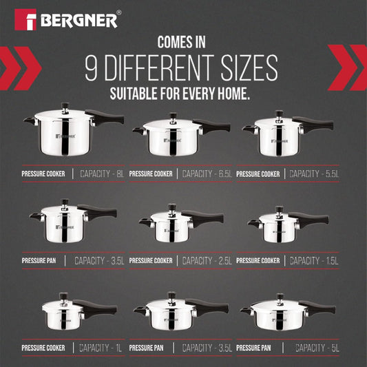 Bergner Argent Classic Triply Stainless Steel 5 Liters Outer Lid Pressure Pan, Triply Cooker with Resettable Safety Valve, Sturdy Handle, Easy to Use and Clean - Induction and Gas Stove Ready