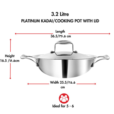 Vinod Platinum Triply Stainless Steel Kadai with Lid - 26 cm | Even Heating No Hotspot, Less Oil Healthy Cooking, Heavy Bottom Induction Cookware Kadhai for Cooking & Frying
