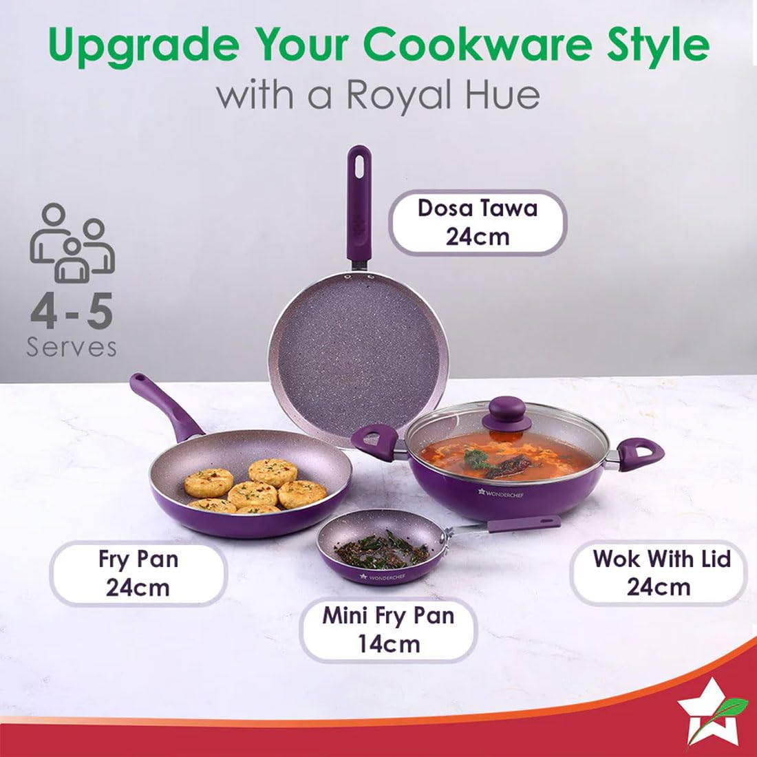 Wonderchef Royal Velvet 5-Piece Cookware Set | Purple, Induction Ready