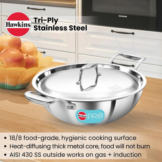 Hawkins Pro Tri-Ply SS Deep Fry Pan 3.5L with Lid – Stainless Steel Cookware