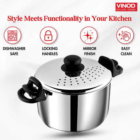 Vinod Stainless Steel Rice & Pasta Pot with Strainer Lid - 24cm | SAS Bottom, Locking Handles | Induction & Gas Compatible | Multi-Purpose Cookware for Vegetables, Noodles, Biryani | Rust-Free.