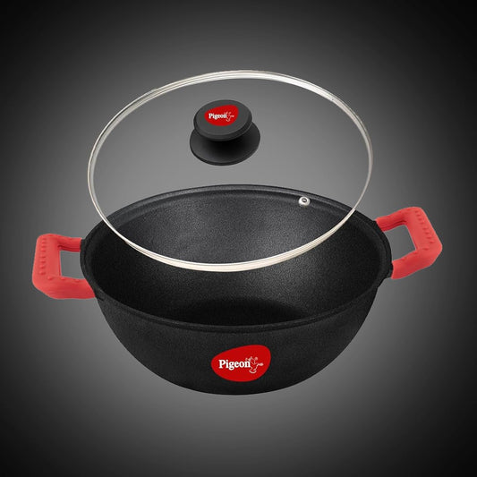 Pigeon by Stovekraft Cast Iron Kadai with Glass Lid | Medium, 24 cm | Naturally Nonstick | Pre-Seasoned Kadhai with 100% vegetable oil | Toxin-Free | High Pressure Casting | Bring Back Nostalgic Taste