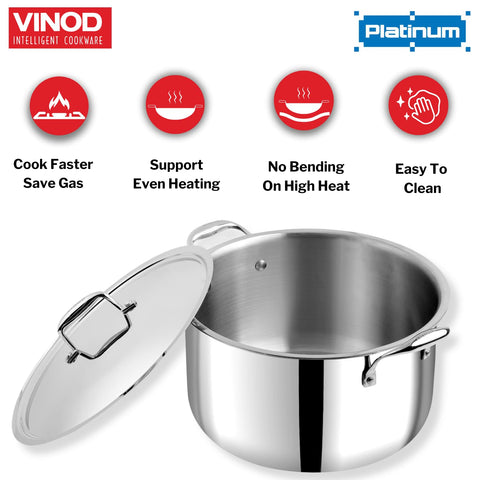 Vinod Platinum Triply Stainless Steel Biryani/Sauce Pot with Lid 30 cm | Heavy Bottom | Multipurpose Cooking Pot | Riveted Handles | Induction & Gas Compatible