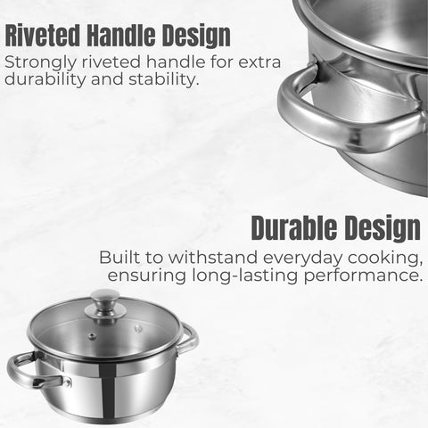 Vinod Two Tone Stainless Steel Saucepot with Glass Lid 8.7 Litre, 28cm (6.2mm Thick Base) | Triply Saucepot, Sturdy Riveted Handle | 2 Year Warranty | Induction Bottom - Silver