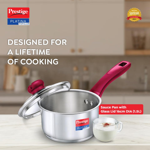 Prestige Platina Popular Stainless Steel Gas and Induction Compatible Sauce Pan with Glass Lid, 160 mm
