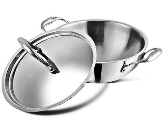 Vinod Platinum Triply Stainless Steel Extra Deep Kadai with Lid - 26 cm | Even Heating, Less Oil Healthy Cooking, Heavy Bottom Induction Cookware Kadhai for Cooking & Frying