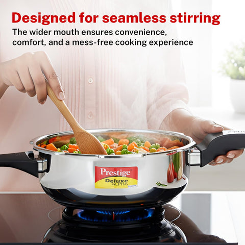 Prestige 4 Litre Stainless Steel Deluxe Alpha Svachh Outer Lid Senior Pressure Pan Cooker | 10Y Warranty| Deep Lid for Spillage Control | TRIPLY Base | GRS | Gas & Induction Compatible | ISI