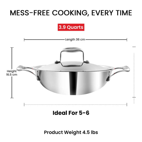 Vinod Platinum Triply Stainless Steel Extra Deep Kadai with Lid - 26 cm | Even Heating, Less Oil Healthy Cooking, Heavy Bottom Induction Cookware Kadhai for Cooking & Frying