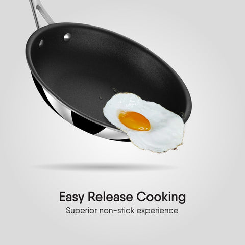 Stahl Artisan Schild, 24 cm Frypan, Triply Stainless Steel + PEEK-Reinforced Non-Stick Fry Pan | Induction & Gas Compatible | with Glass Lid | Manufacturer Warranty
