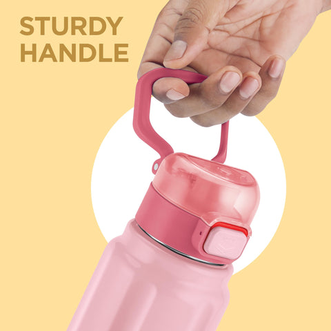 Milton Taurus 600 Steel Thermoware, Inner Stainless Steel, PU Insulated, Leak Proof Water Bottle for School Kids, Office, Gym, Easy to Carry Handle, 560 ml, Light Pink