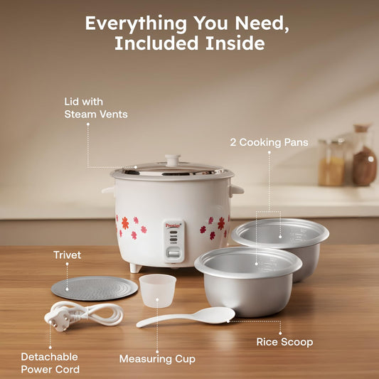 Prestige PRWO 1.8-2 Electric Rice Cooker| 2 Aluminium Cooking Pans | Stainless Steel Lid | Grey/White | Cool Touch Handles | Detachable Power Cord | 700- Watt|1.8 Litres