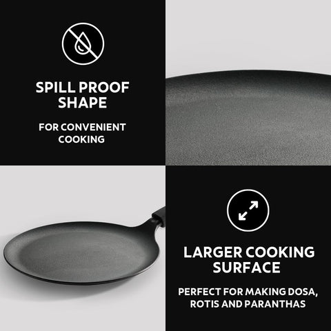TRAMONTINA TITANEX 24cm Pre-Seasoned Cast Iron Dosa Tawa | Flat Surface with Raised Edges | for Dosa, Uttapam, Cheela, Paratha | Induction & Gas Compatible | Non-Slip Handle