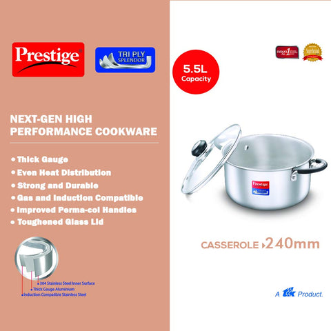 Prestige 24cm/5.5L Tri-Ply Stainless Steel Splendor Casserole with Glass Lid|Gas and Induction Compatible| Even Heat Distribution|Strong and Durable| Perma-Cool Handles