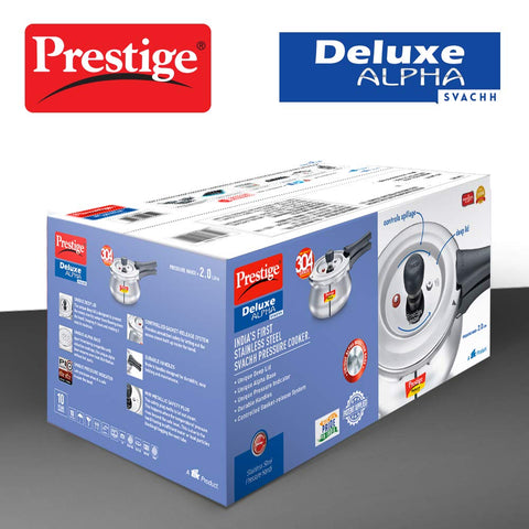 Prestige 2 Litre Stainless Steel Deluxe Alpha Svachh Outerlid Baby Handi Pressure Cooker|10 years warrantyDeep lid for spillage control|Gas & Induction compatible|ISI Certified