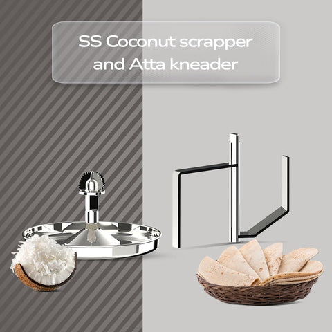 Ultra Bigg+ Wet Grinder Celebration Pack | 2.5L Multiutility Drum with Conical Stones | 1L Spice Mix Drum with Cylindrical Stone, Coconut Scraper, Atta Kneader & AISI 304 FoodGrade Stainless Steel