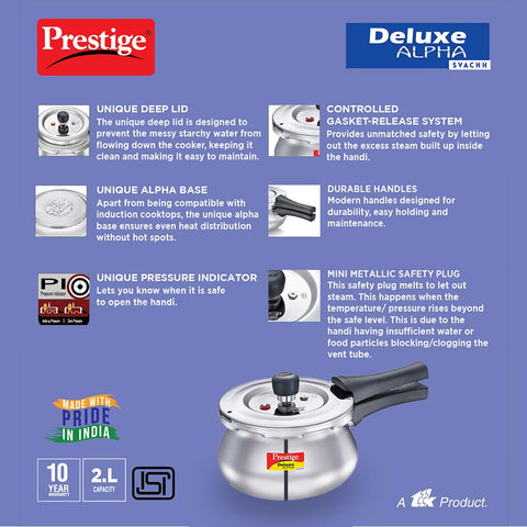 Prestige 2 Litre Stainless Steel Deluxe Alpha Svachh Outerlid Baby Handi Pressure Cooker|10 years warrantyDeep lid for spillage control|Gas & Induction compatible|ISI Certified