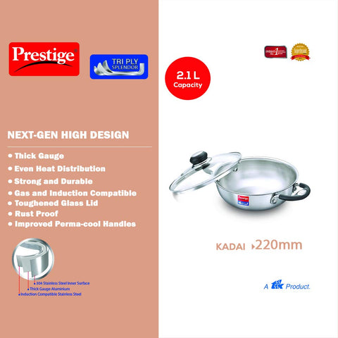 Prestige 22cm/2.1L Tri-Ply Stainless Steel Splendor Kadai with Lid| Gas & Induction Compatible| Even Heat Distribution| Strong and Durable| Perma-Cool Handles