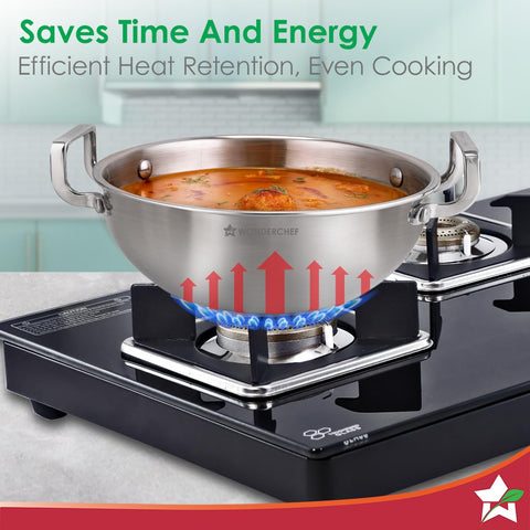Wonderchef Stella Triply Stainless Steel Cookware Set | 3 Pcs. | Fry Pan 22 cm, Kadhai 22 cm + Lid | for Gas Stove, Induction, Ceramic Cooktop | Uniform Heating | Heavy-Duty Handle | 10-Year Warranty