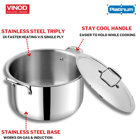 Vinod Platinum Triply Stainless Steel Biryani/Sauce Pot with Lid 30 cm | Heavy Bottom | Multipurpose Cooking Pot | Riveted Handles | Induction & Gas Compatible