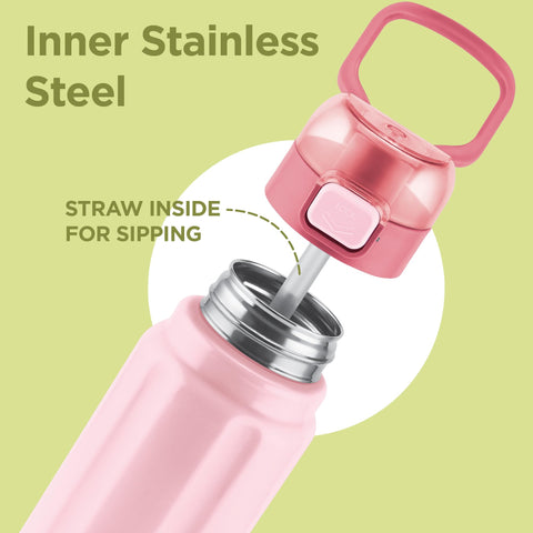 Milton Taurus 600 Steel Thermoware, Inner Stainless Steel, PU Insulated, Leak Proof Water Bottle for School Kids, Office, Gym, Easy to Carry Handle, 560 ml, Light Pink