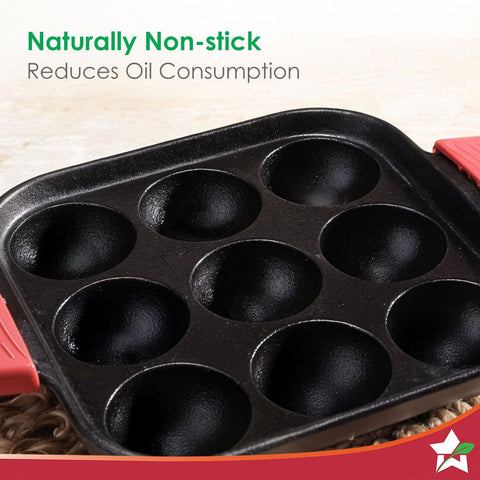 Wonderchef Forza Cast-Iron Paniyarakal | Square | Heavy-Duty Cast-Iron | for Paniyarams, Bondas | Naturally Non-Stick | Uniform Heating, Slow Cooking | Chemical-Free